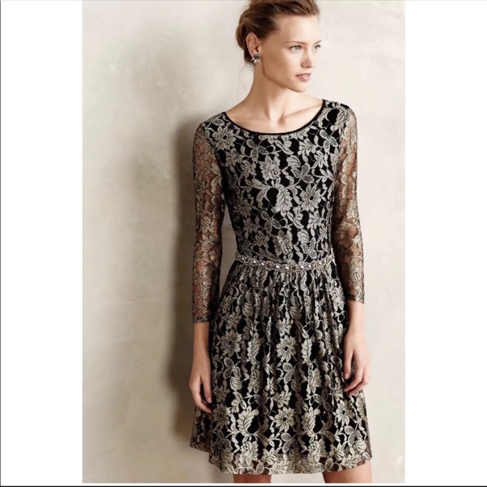 Maeve Anthro black and gold lace party dress